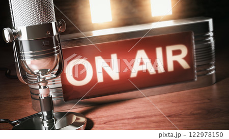 Microphone and on air board. Vintage radio, podcast, broadcasting studio.. 122978150