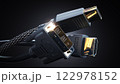 Various types of digital video cables plugs and display connectors. HDMI, Display port and DVI cables. 122978152