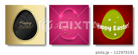 Easter greeting card square social network post template set. Vector paper cut egg shape frame, Happy Easter lettering. Gold, pink, red background, elegant line, black floral pattern, pearl beads Easter greeting card square social network post template set. Vector paper cut egg shape frame, Happy Easter lettering. Gold, pink, red background, elegant line, black floral pattern, pearl beads 122978191