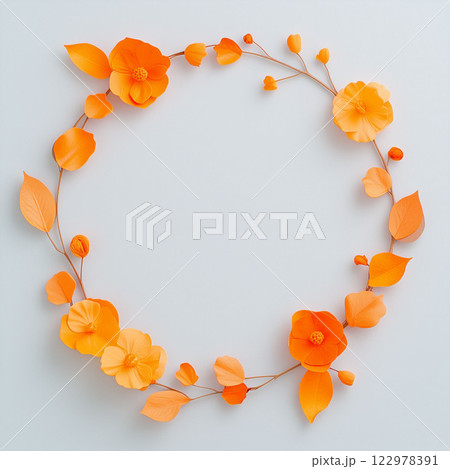 Elegant orange floral wreath with delicate paper-like flowers and leaves, arranged in a semi-circle on a soft background. Ideal for autumn-themed designs,invitations,branding, decorative projects. 122978391