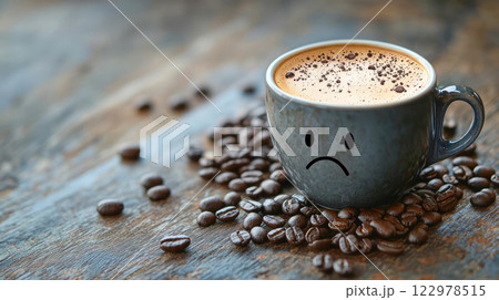Cup of coffee with sad face emoji surrounded by coffee beans on a rustic wooden table. Cup of coffee with sad face emoji surrounded by coffee beans on a rustic wooden table. 122978515