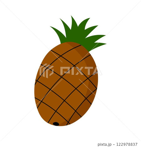 Flat illustration of brown pineapple with black lines and green spiky leaves. 122978837