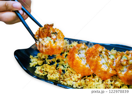 Top view of Salmon rolls, Delicious sushi with fish fillet, focus selective Top view of Salmon rolls, Delicious sushi with fish fillet, focus selective 122978839