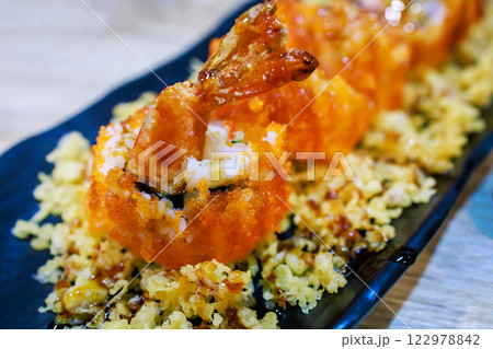 Top view of Salmon rolls, Delicious sushi with Shrimp fillet, focus selective 122978842