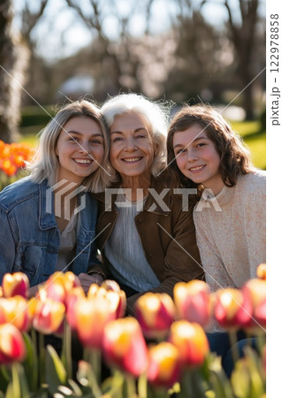 An elderly mother with her daughters smiling together 122978858