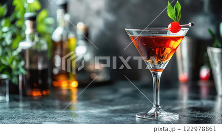 Manhattan cocktail with cherry and basil garnish in a martini glass on a bar counter, perfect for drink advertising or cocktail menu designs. 122978861