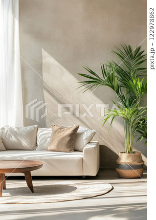 Modern living room with beige sofa, wooden coffee table, and green plant in natural sunlight and minimalist interior. 122978862