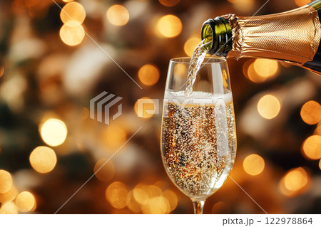 Champagne being poured into a glass with golden bokeh lights in the background creating a celebratory atmosphere, copy space. 122978864