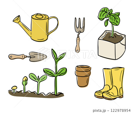 Hand drawn gardening set with watering can 122978954