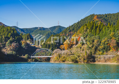 豊根村の新豊根ダムの紅葉に包まれたみどり湖の風景(愛知県) 122978985