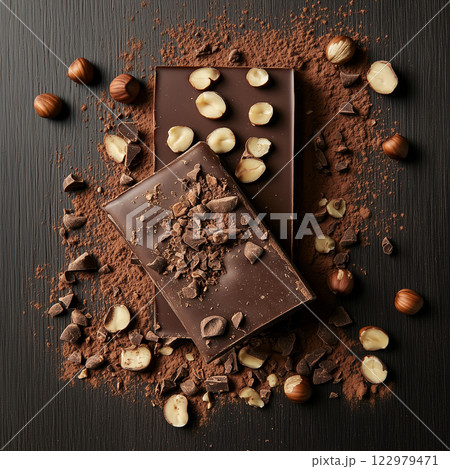 Two dark chocolate bars with whole and crushed hazelnuts, sprinkled with cocoa powder on a black wooden surface. The contrast enhances the rich tones and details of the chocolate and nuts 122979471