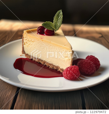 A slice of classic cheesecake with a graham cracker crust, topped with cherries, fresh raspberries, and a sprig of mint. Served on a white plate with raspberry sauce on a rustic wooden table 122979472