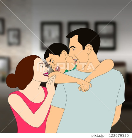 A family is joyfully interacting, with a child playfully embraced by the parents.  122979530