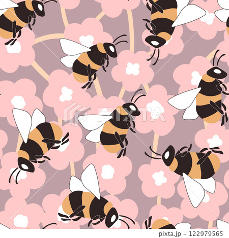 Seamless pattern with bees and flowers on color background. Small wasp. Vector illustration. Adorable cartoon character. Template design for invitation, cards, textile, fabric. Doodle style Seamless pattern with bees and flowers on color background. Small wasp. Vector illustration. Adorable cartoon character. Template design for invitation, cards, textile, fabric. Doodle style 122979565