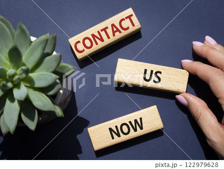 Contact us now symbol. Wooden blocks with words Contact us now. Beautiful deep blue background with succulent plant. Businessman hand. Business and Contact us now concept. Copy space. 122979628