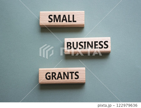 Small Business Grants symbol. Wooden blocks with words Small Business Grants. Beautiful grey green background. Business and Contact us now concept. Copy space. 122979636