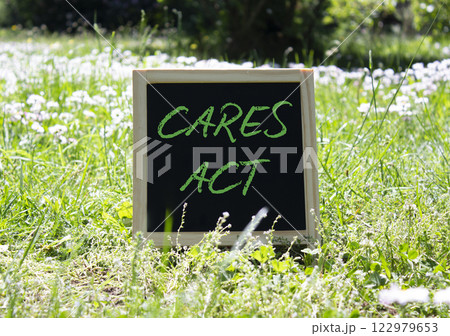 Cares Act symbol. Blackboard with words Cares Act. Beautiful meadow background. Business and Cares Act concept. Copy space. 122979653