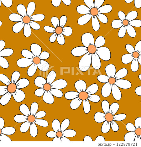 Seamless floral pattern based on traditional folk art ornaments. Colorful chamomile, daisy flowers on color background. Doodle style. Vector illustration. Simple minimalistic pattern 122979721
