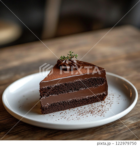 A chocolate cake slice with two layers of creamy ganache, topped with a swirl of chocolate cream and a small sprig of thyme. Plated elegantly on a white dish with cocoa dusting 122979750