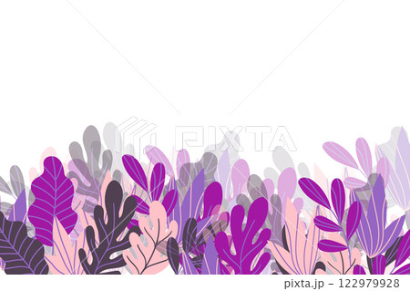Floral frame with colorful exotic branches on white background. Ornate border with tropic leaves. Vector stock illustration for wallpaper, posters, card. Doodle style. Copy space. Floral frame with colorful exotic branches on white background. Ornate border with tropic leaves. Vector stock illustration for wallpaper, posters, card. Doodle style. Copy space. 122979928