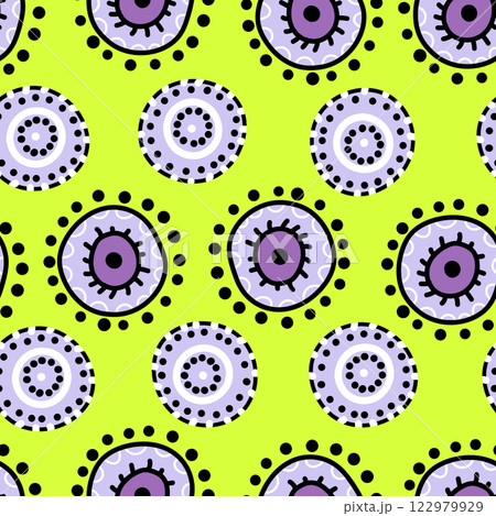 Seamless pattern with geometric aboriginal ornament. Ethnic tribal rounded color background. Afican, australian motiph. Dots painting. Vector illustration, template design for cloth, card, fabric 122979929