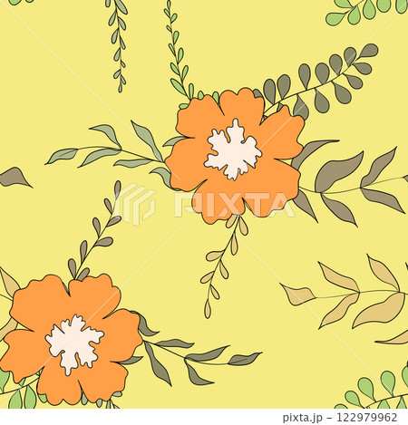 Seamless floral pattern based on traditional folk art ornaments. Colorful flowers on color background. Scandinavian style. Sweden nordic style. Vector illustration. Simple minimalistic pattern 122979962