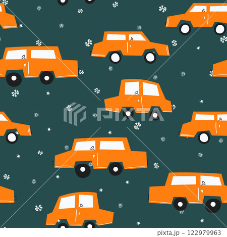 Seamless pattern with cute car on color background. Cartoot transport. Vector illustration. Doodle style. Design for baby print, invitation, poster, card, fabric, textile 122979963