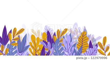 Floral frame with colorful exotic branches on white background. Ornate border with tropic leaves. Vector stock illustration for wallpaper, posters, card. Doodle style. Copy space 122979996