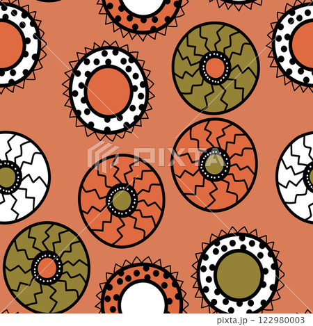 Seamless pattern with geometric aboriginal ornament. Ethnic tribal rounded color background. Afican, australian motiph. Dots painting. Vector illustration, template design for cloth, card, fabric 122980003