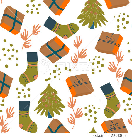 Seamless Christmas cozy winter New Year pattern with cute gifts, Christmas tree, plants and socks on white background. Vector illustration. Design for print, invitation, poster, card, fabric, textile 122980153