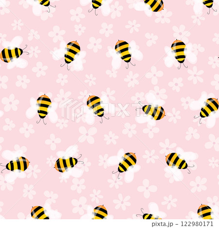 Seamless pattern with bees and flowers on color background. Small wasp. Vector illustration. Adorable cartoon character. Template design for invitation, cards, textile, fabric. Doodle style 122980171