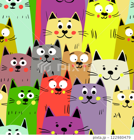 Seamless pattern with cute kitten print. Different scandy cats on color background. Scandinavian style illustration for kids. Vector illustration for fabric, textile, wallpaper, home clothing, pajama 122980479