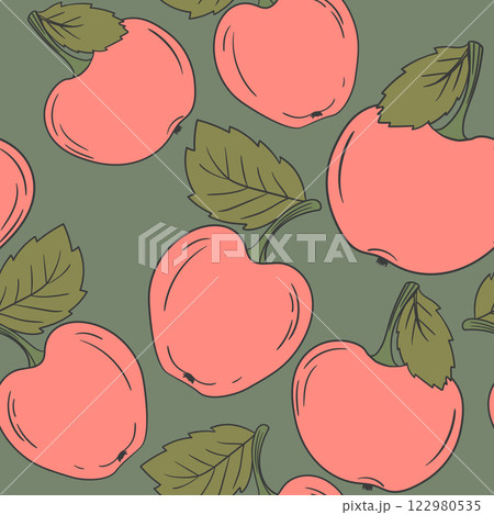 Seamless pattern with apple on color background. Natural delicious fresh ripe tasty fruit. Vector illustration for print, fabric, textile, banner, design. Stylized apples with leaves. Food concept Seamless pattern with apple on color background. Natural delicious fresh ripe tasty fruit. Vector illustration for print, fabric, textile, banner, design. Stylized apples with leaves. Food concept 122980535