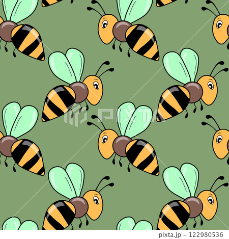 Seamless pattern with bees on color background. Small wasp. Vector illustration. Adorable cartoon character. Template design for invitation, cards, textile, fabric. Doodle style Seamless pattern with bees on color background. Small wasp. Vector illustration. Adorable cartoon character. Template design for invitation, cards, textile, fabric. Doodle style 122980536