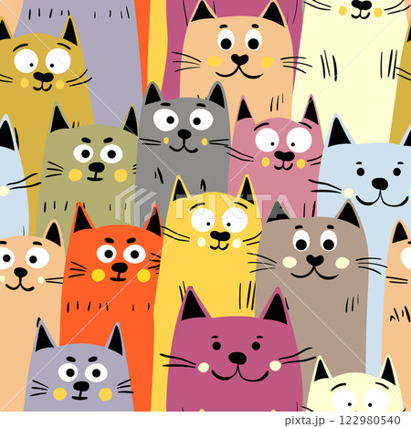 Seamless pattern with cute kitten print. Different scandy cats on color background. Scandinavian style illustration for kids. Vector illustration for fabric, textile, wallpaper, home clothing, pajama 122980540