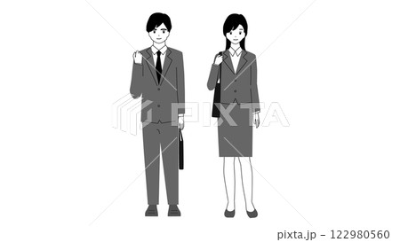 笑顔で立つ爽やかな新入社員のモノクロイラスト 笑顔で立つ爽やかな新入社員のモノクロイラスト 122980560