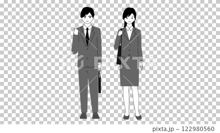 笑顔で立つ爽やかな新入社員のモノクロイラスト 笑顔で立つ爽やかな新入社員のモノクロイラスト 122980560