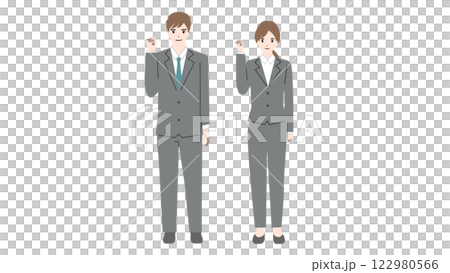 Illustration of a young man and woman in suits doing a fist pump 122980566