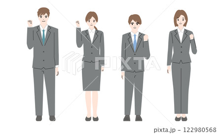 ガッツポーズをしているスーツ姿の若い男女のイラスト 122980568