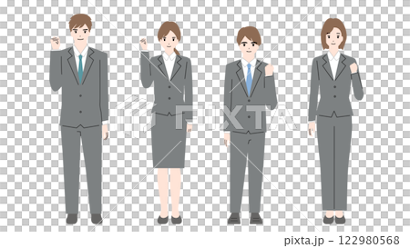ガッツポーズをしているスーツ姿の若い男女のイラスト 122980568