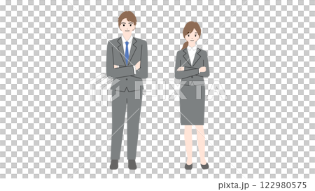 Illustration of a man and woman in suits standing with their arms folded 122980575