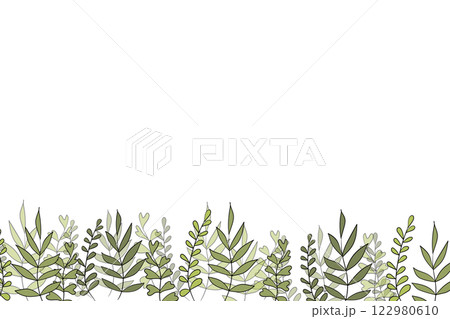 Floral frame with colorful exotic branches on white background. Ornate border with tropic leaves. Vector stock illustration for wallpaper, posters, card. Doodle style. Copy space Floral frame with colorful exotic branches on white background. Ornate border with tropic leaves. Vector stock illustration for wallpaper, posters, card. Doodle style. Copy space 122980610