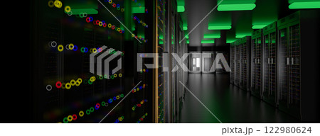 Server room data center. Backup, mining, hosting, mainframe, farm and computer rack with storage information. 3d render Server room data center. Backup, mining, hosting, mainframe, farm and computer rack with storage information. 3d render 122980624