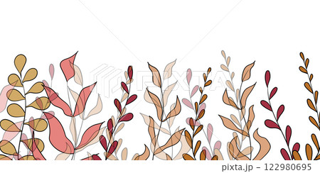 Floral frame with colorful exotic branches on white background. Ornate border with tropic leaves. Vector stock illustration for wallpaper, posters, card. Doodle style. Copy space 122980695