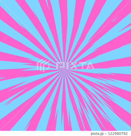 Pop art radial colorful comics book magazine cover. Striped blue digital background. Cartoon funny retro pattern strip mock up. Vector halftone illustration. Sunburst, starburst shape 122980792