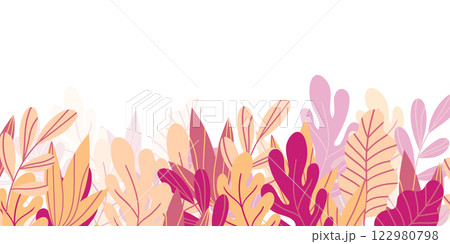 Floral frame with colorful exotic branches on white background. Ornate border with tropic leaves. Vector stock illustration for wallpaper, posters, card. Doodle style. Copy space 122980798