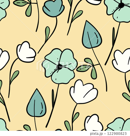 Seamless floral pattern based on traditional folk art ornaments. Colorful flowers on color background. Scandinavian style. Sweden nordic style. Vector illustration. Simple minimalistic pattern 122980823