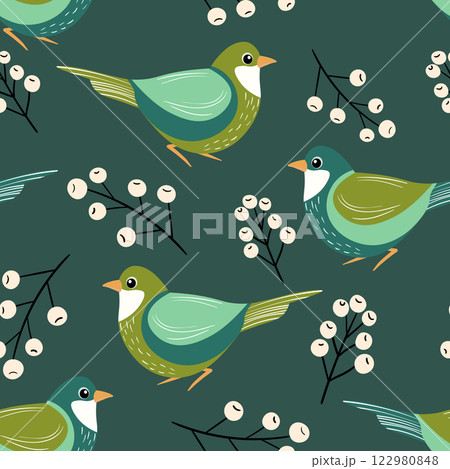 Seamless pattern with funny colorful birds, flowers, leaves and berries. Color flat vector illustration with little cartoon bird. Cute characters. Design for invitation, poster, card, textile, fabric 122980848