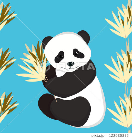 Seamless pattern with cute panda baby on color background. Funny asian animals. Card, postcards for kids. Flat vector illustration for fabric, textile, wallpaper, poster, gift wrapping paper 122980855