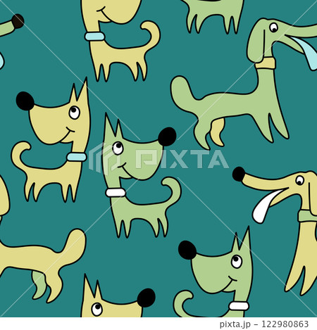 Vector seamless repeating childish pattern with cute dogs in Scandinavian style. Animals background with dog, pets, puppy for invitation, poster, card, flyer, textile, fabric Vector seamless repeating childish pattern with cute dogs in Scandinavian style. Animals background with dog, pets, puppy for invitation, poster, card, flyer, textile, fabric 122980863